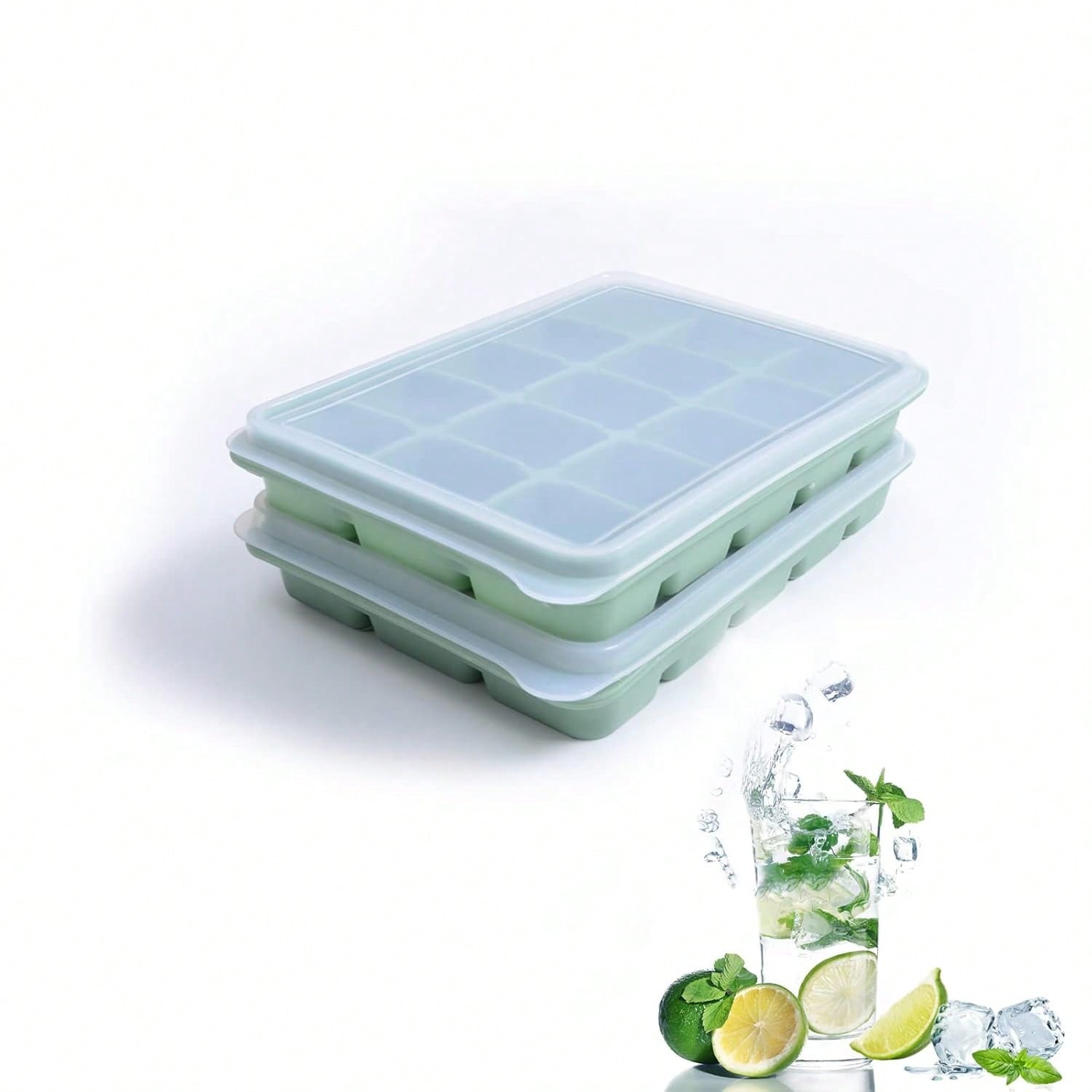 Set of 2 Silicone Ice Cube Trays 15 Cubes Each Stackable with Lid