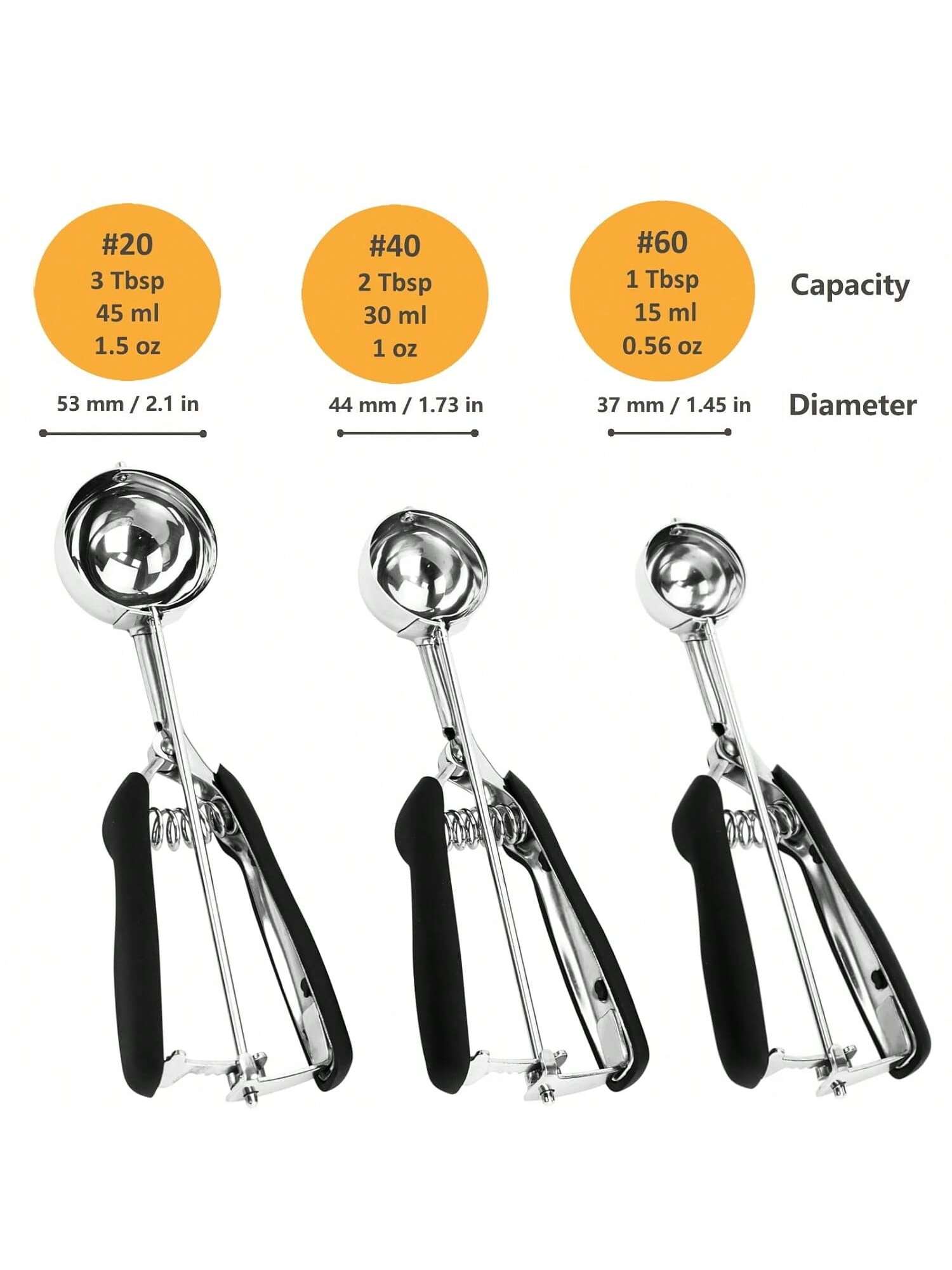 3-Piece Stainless Steel Ice Cream and Cookie Scoop Set Non-Slip Grip
