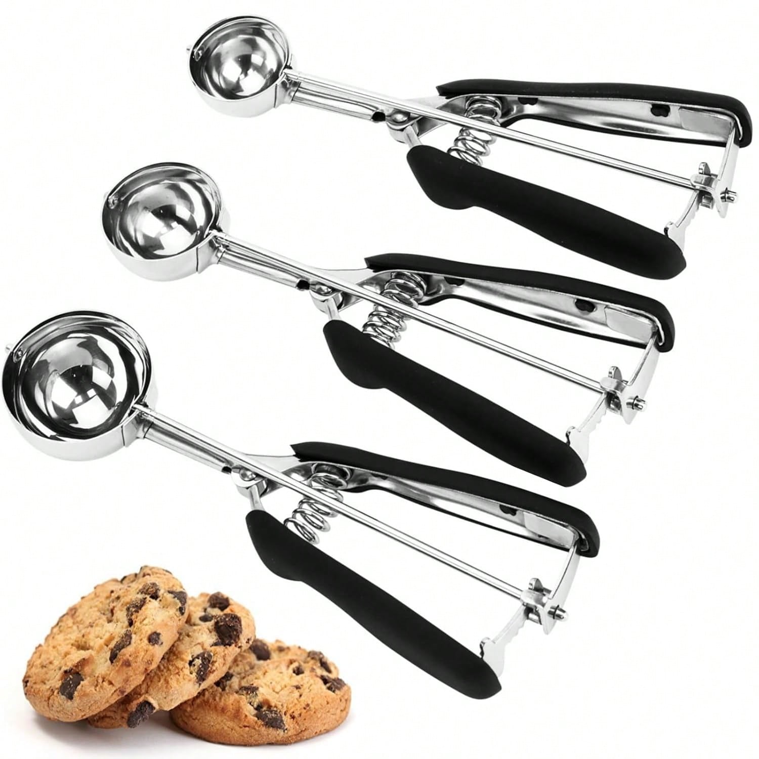 3-Piece Stainless Steel Ice Cream and Cookie Scoop Set Non-Slip Grip