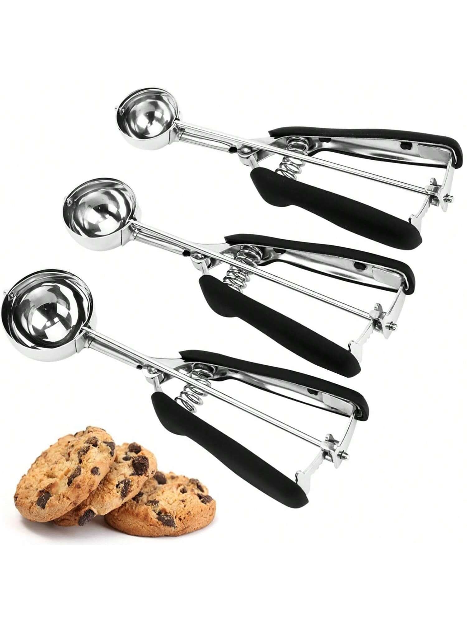 3-Piece Stainless Steel Ice Cream and Cookie Scoop Set Non-Slip Grip
