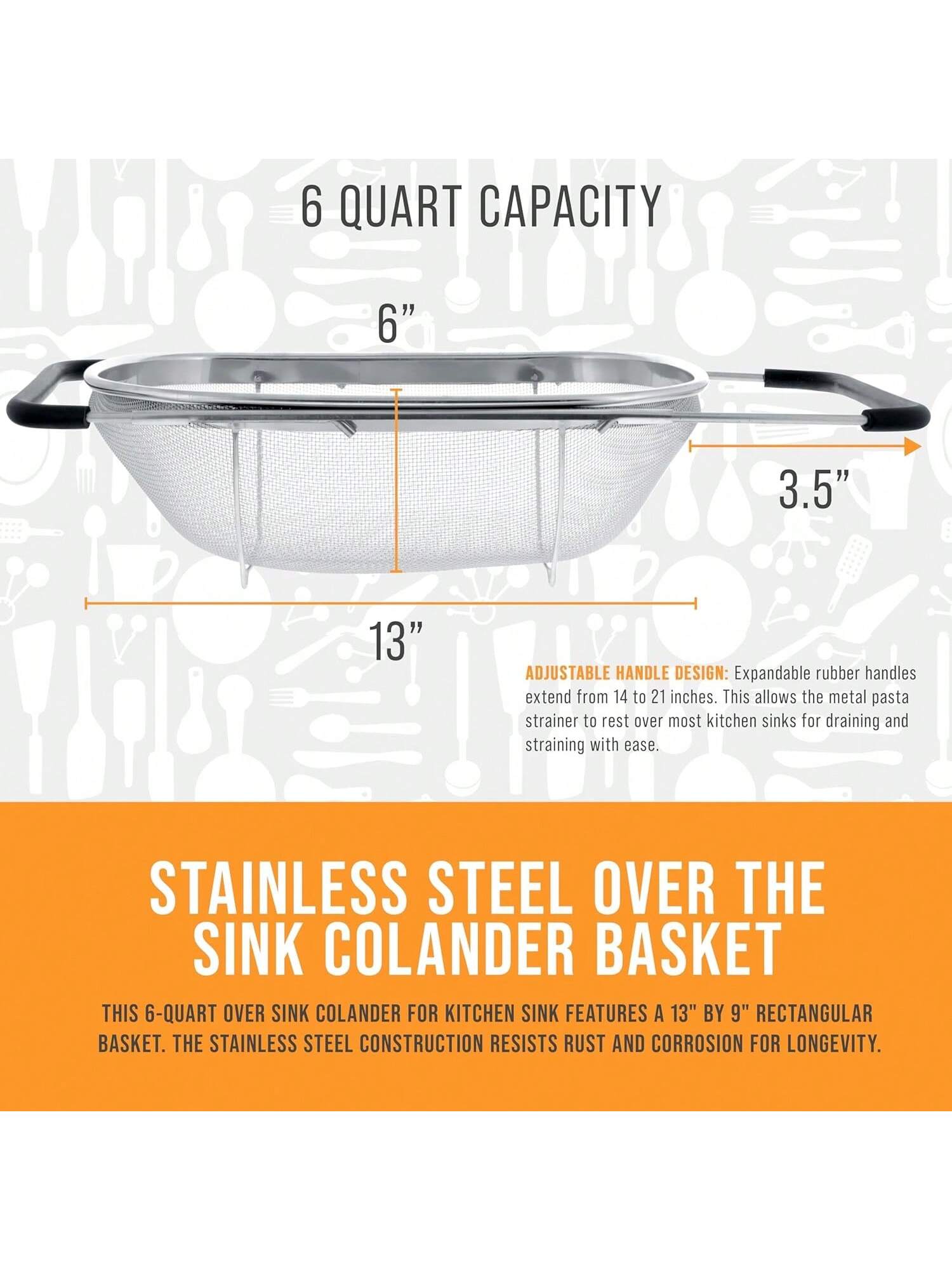 6Qt Stainless Steel Collapsible Colander Fine Mesh Expandable Handles