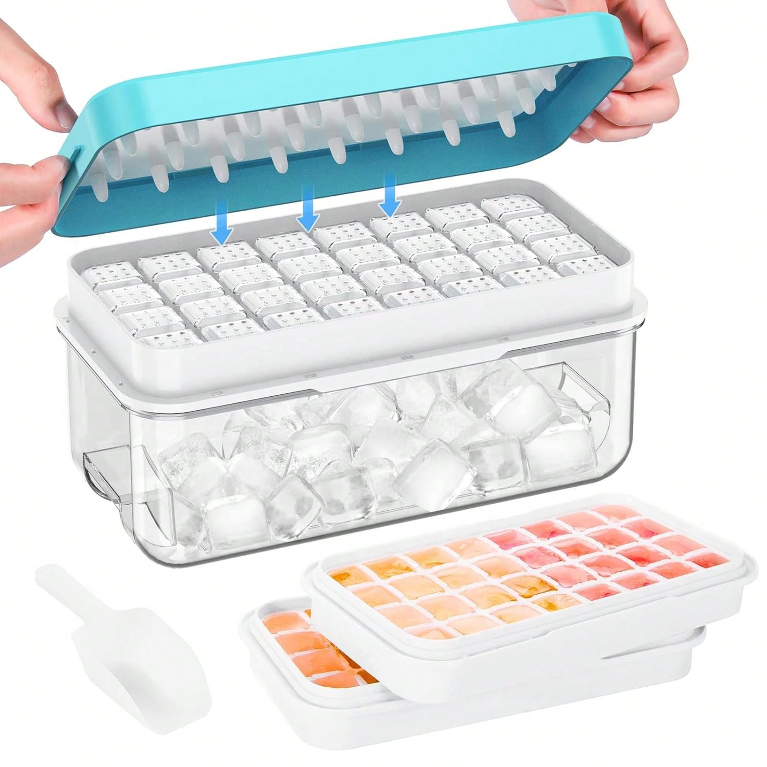64pcs Ice Cube Tray Set with Lid Scoop and Container for Freezer Use