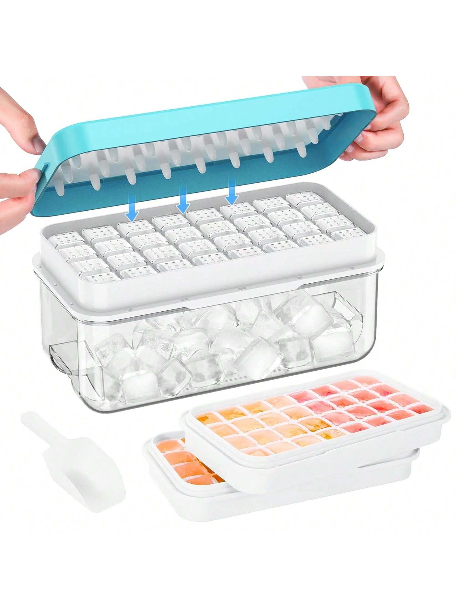 64pcs Ice Cube Tray Set with Lid Scoop and Container for Freezer Use