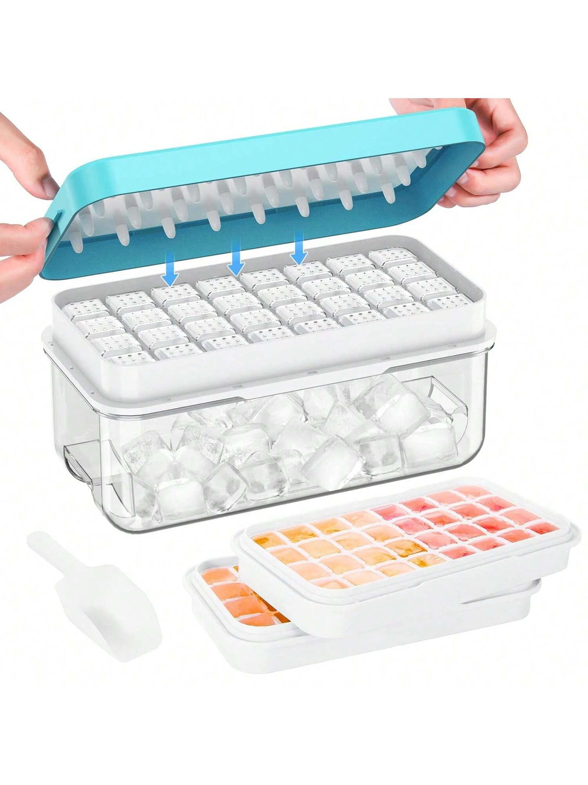 64pcs Ice Cube Tray Set with Lid Scoop and Container for Freezer Use
