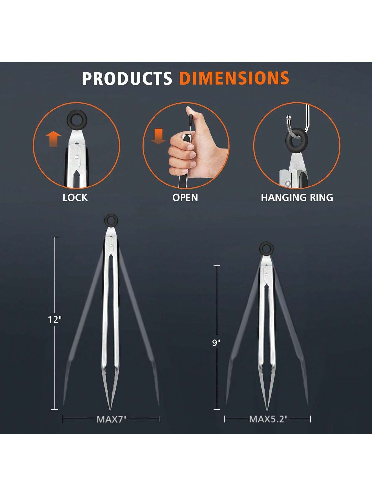 2PCS Stainless Steel Kitchen Tongs 9 & 12 Inch with Locking Non-Slip Grip