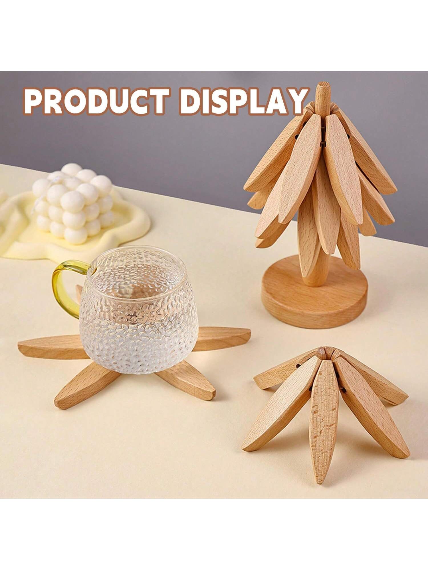 4pc Walnut Wood Tree Trivets with Stand Foldable Kitchen Hot Dish Holder