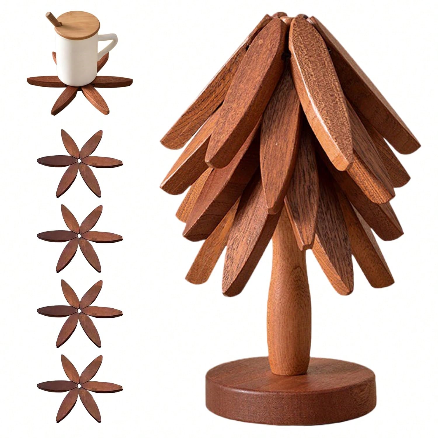 4pc Walnut Wood Tree Trivets with Stand Foldable Kitchen Hot Dish Holder