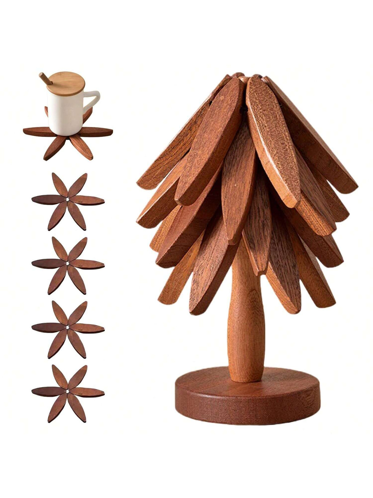 4pc Walnut Wood Tree Trivets with Stand Foldable Kitchen Hot Dish Holder