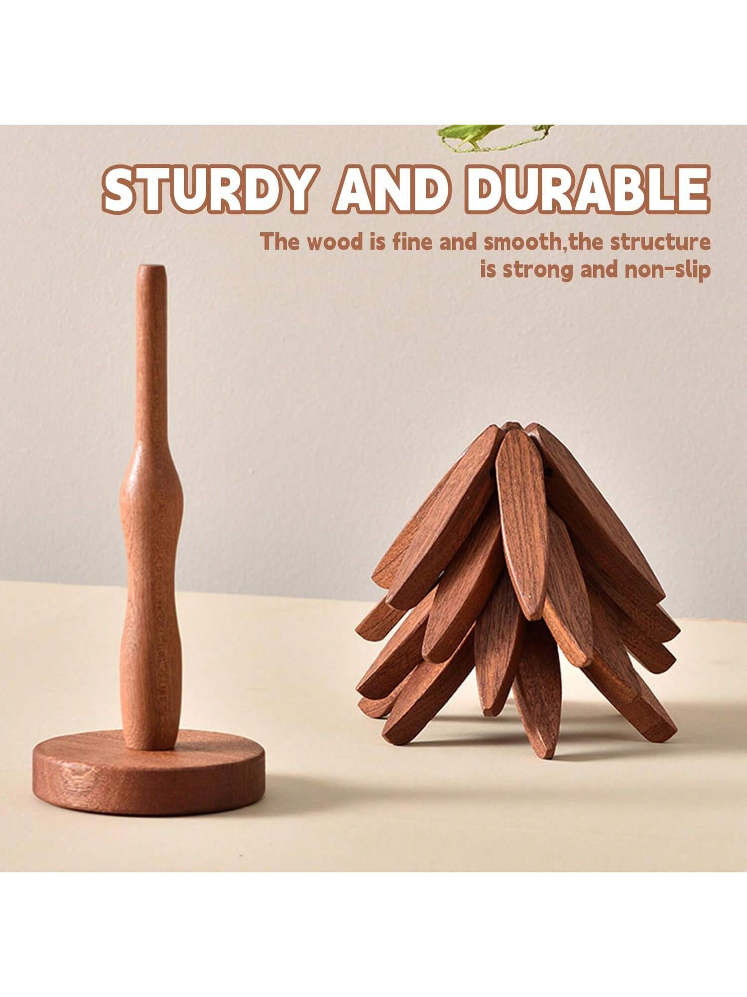4pc Walnut Wood Tree Trivets with Stand Foldable Kitchen Hot Dish Holder