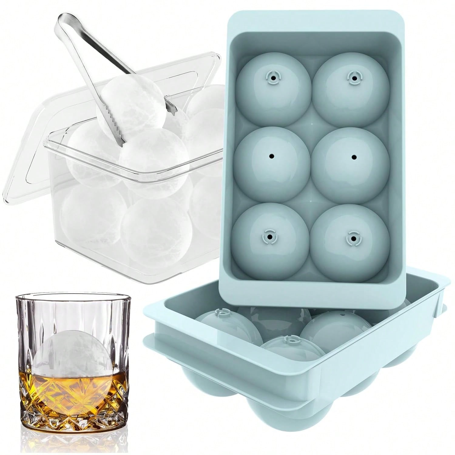2-Pack Large Round Ice Cube Molds Blue Trays 1.9in 6 Balls per Tray for Whiskey and Cocktails