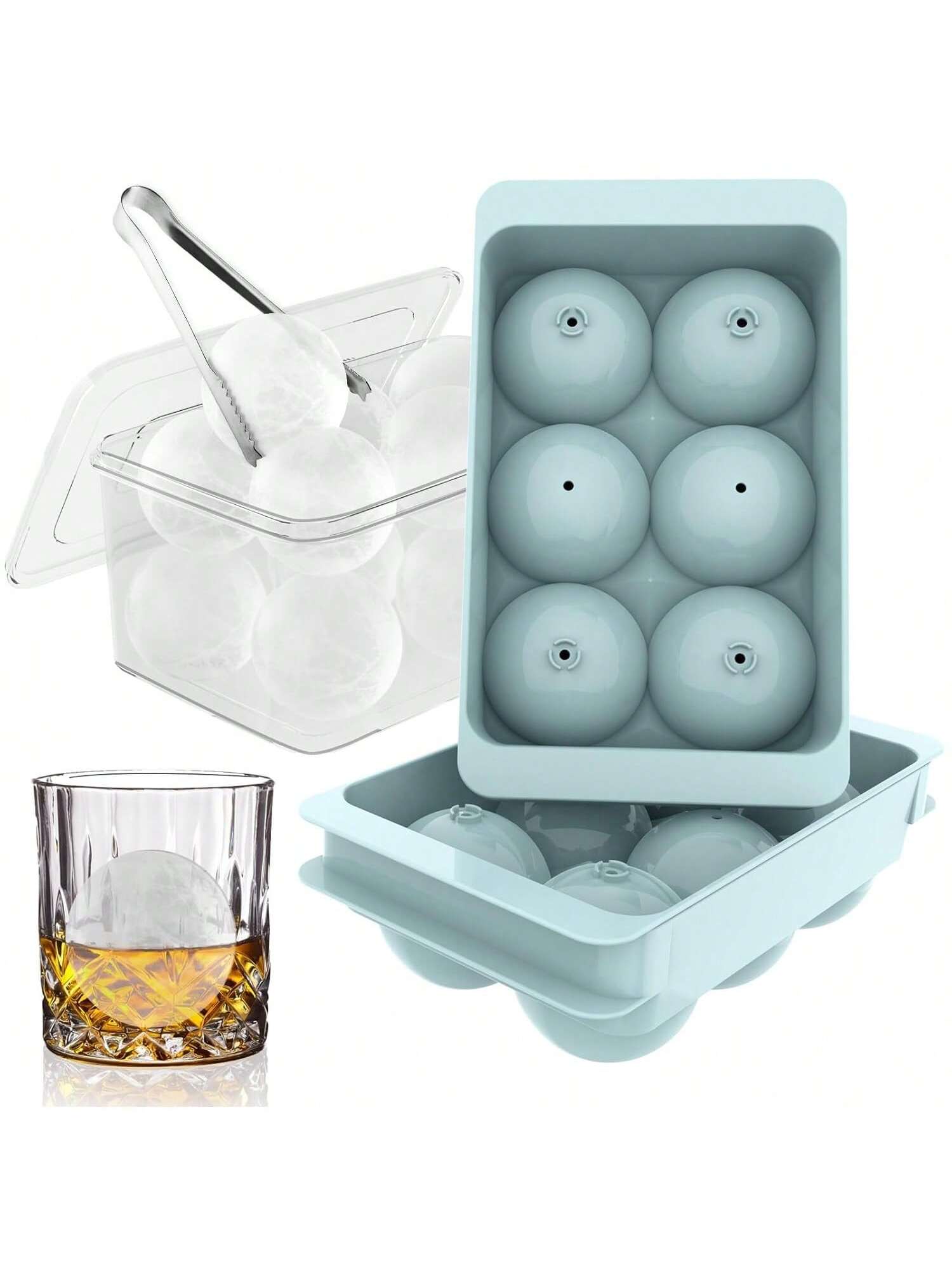 2-Pack Large Round Ice Cube Molds Blue Trays 1.9in 6 Balls per Tray for Whiskey and Cocktails