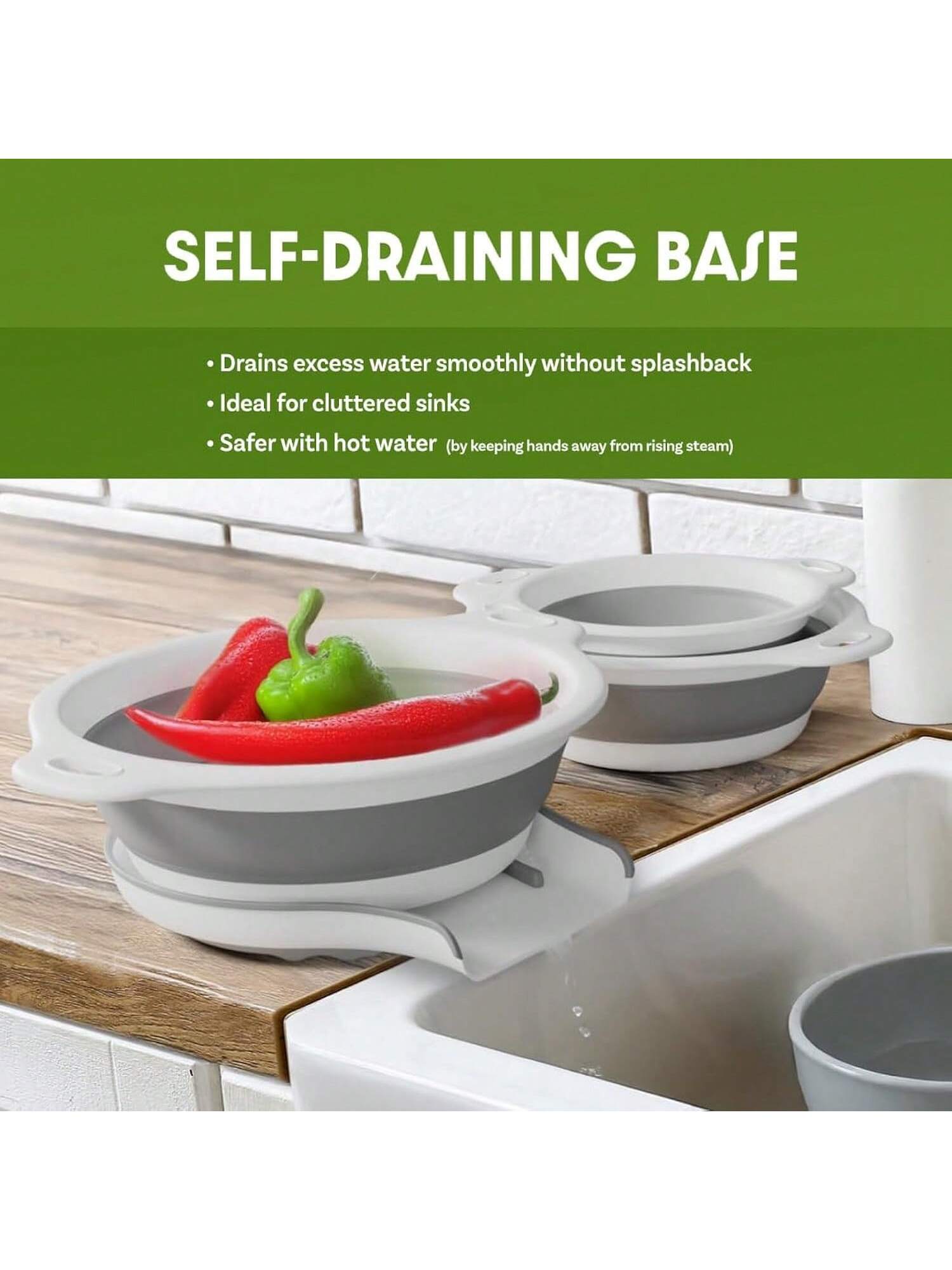 3-Pack White Collapsible Colanders with Over-Sink Draining Base 3-5QT