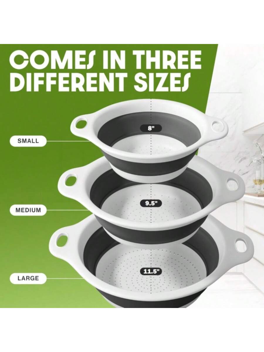 3-Pack White Collapsible Colanders with Over-Sink Draining Base 3-5QT
