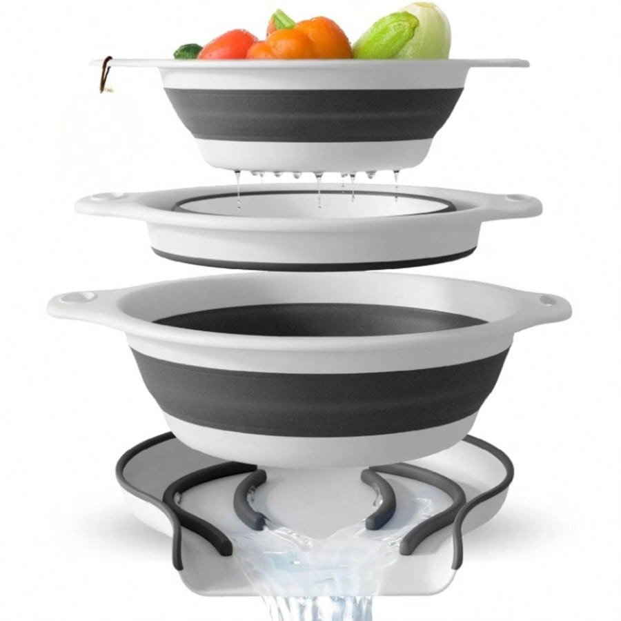 3-Pack White Collapsible Colanders with Over-Sink Draining Base 3-5QT