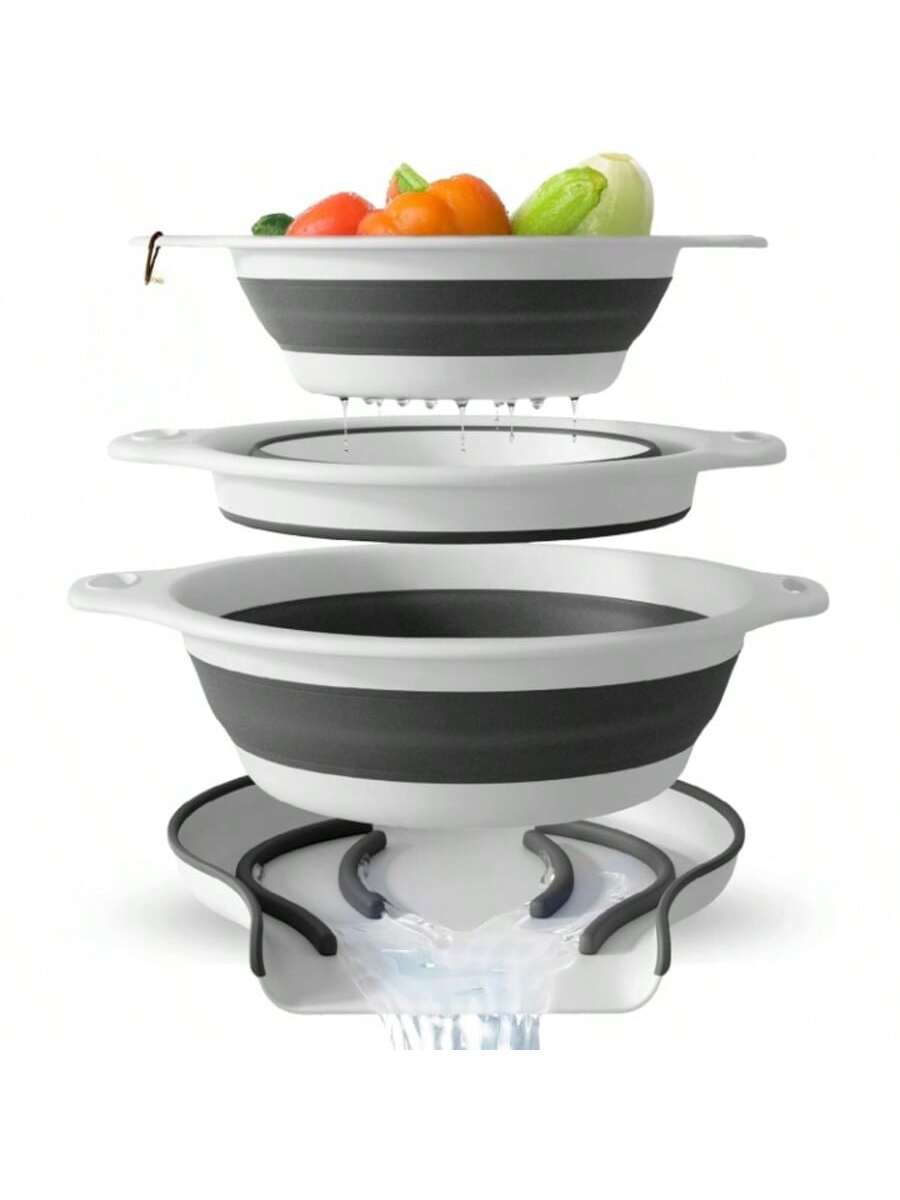 3-Pack White Collapsible Colanders with Over-Sink Draining Base 3-5QT