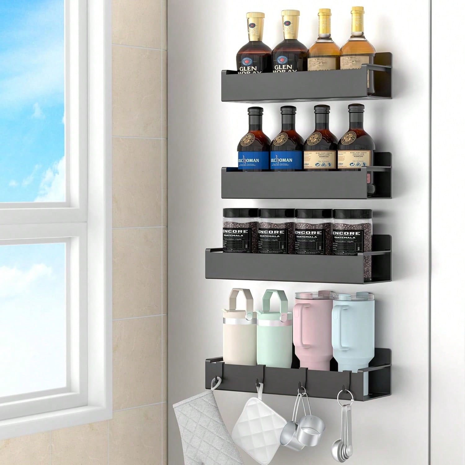 4-Pack Black Magnetic Spice Rack for Fridge or Oven Kitchen Storage