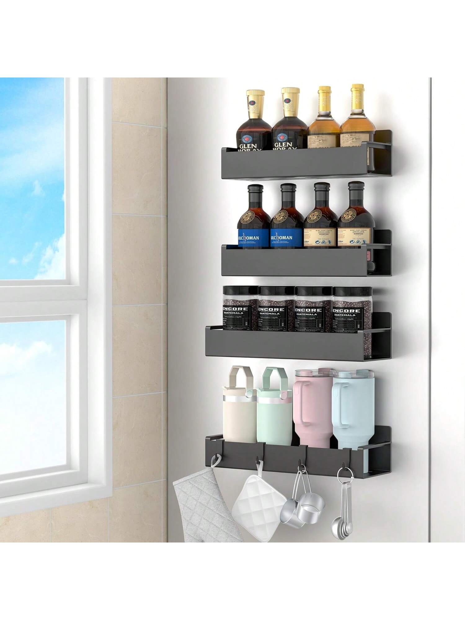 4-Pack Black Magnetic Spice Rack for Fridge or Oven Kitchen Storage