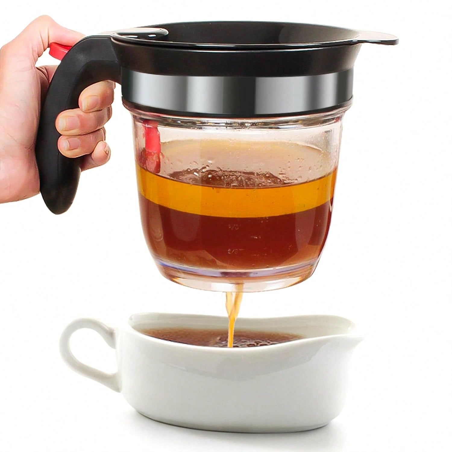 4-Cup Fat Separator with Bottom Release Oil Strainer and 3-in-1 Peeler Red