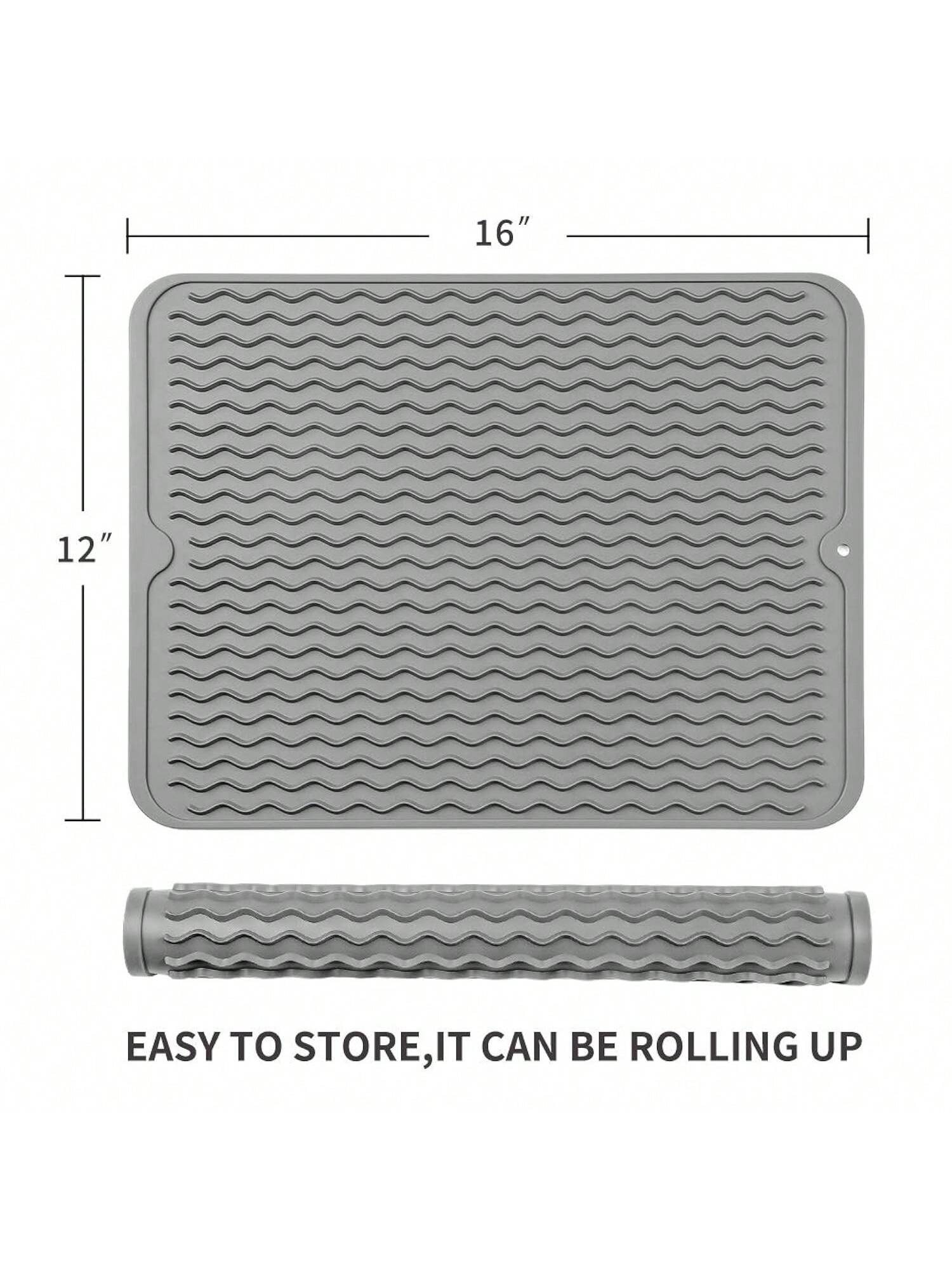 16x12in Grey Silicone Dish Drying Mat Heat-Resistant and Easy to Clean