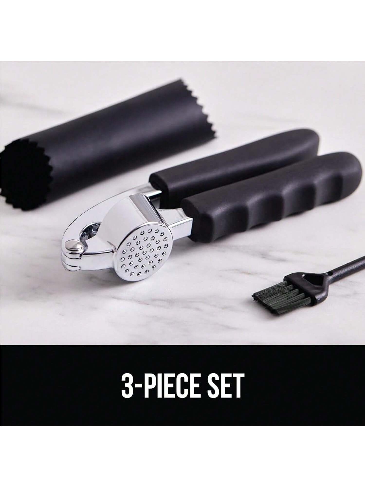 Garlic Press and Peel Set with Heavy Duty Mincer Ergonomic Handle and Peeler