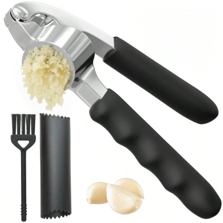 Garlic Press and Peel Set with Heavy Duty Mincer Ergonomic Handle and Peeler