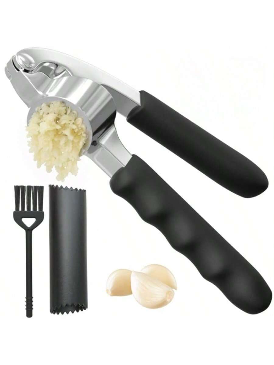 Garlic Press and Peel Set with Heavy Duty Mincer Ergonomic Handle and Peeler