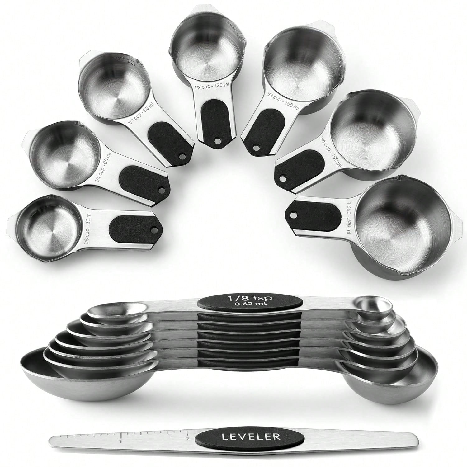 15pc Magnetic Stainless Steel Measuring Cups & Spoons with Leveler