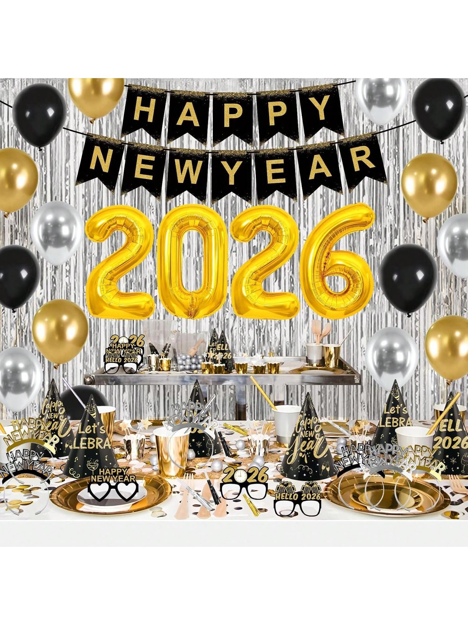 New Year's Eve 2026 Party Supplies Including Decorations, Banner, Balloons, Hats, Glasses, Tiaras, Noisemakers, Fringe Curtains, And Photo Props-