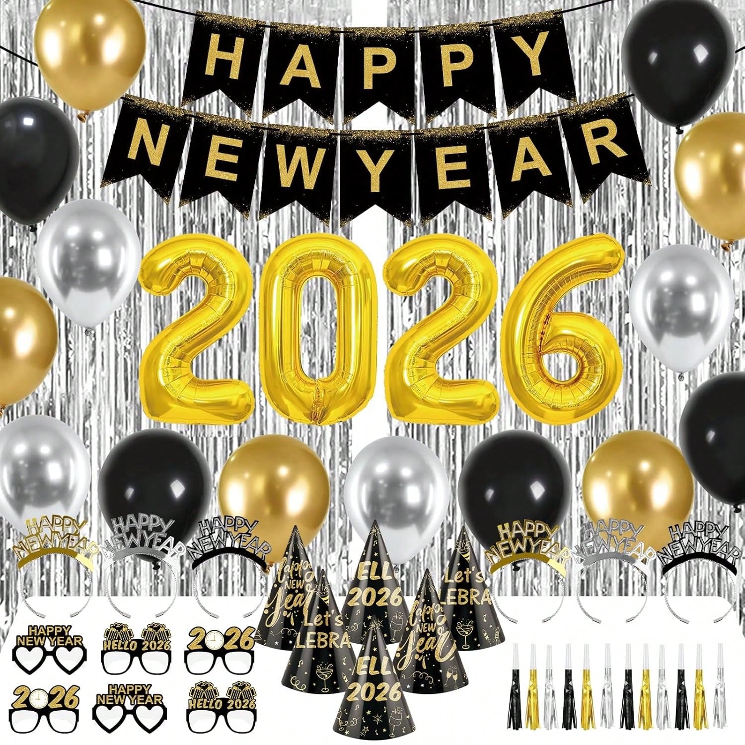 New Year's Eve 2026 Party Supplies Including Decorations, Banner, Balloons, Hats, Glasses, Tiaras, Noisemakers, Fringe Curtains, And Photo Props-