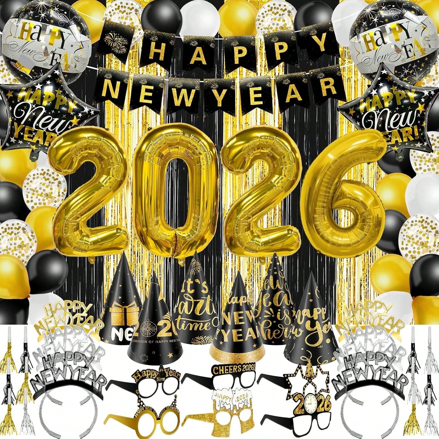 81-Piece New Year's Eve 2026 Party Kit For 12 Guests With Large Foil Balloons, Black-Gold Curtains, Banner, Hats, Headbands, Glasses, Noisemakers, And Favors-