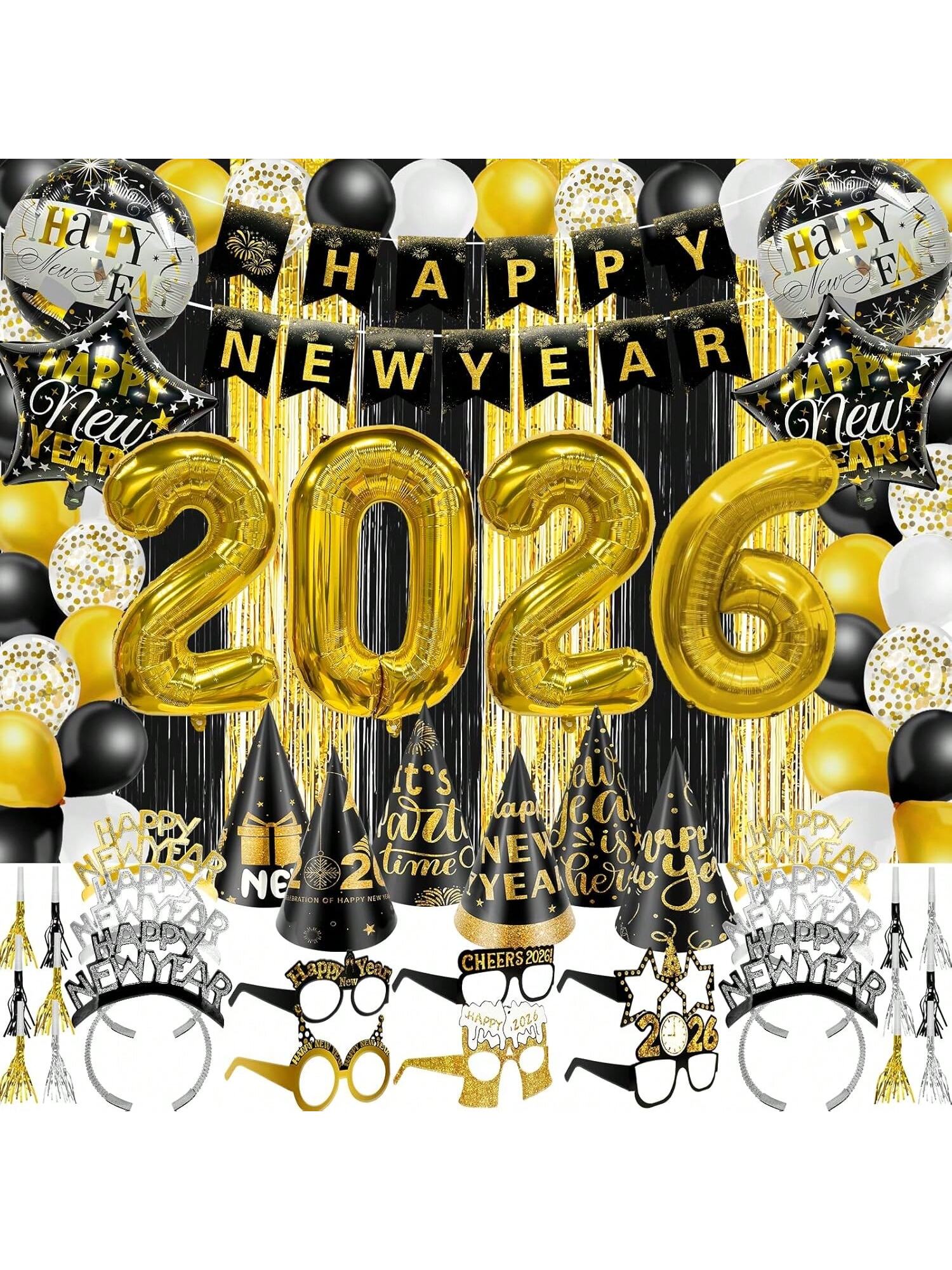 81-Piece New Year's Eve 2026 Party Kit For 12 Guests With Large Foil Balloons, Black-Gold Curtains, Banner, Hats, Headbands, Glasses, Noisemakers, And Favors-