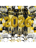 81-Piece New Year's Eve 2026 Party Kit For 12 Guests With Large Foil Balloons, Black-Gold Curtains, Banner, Hats, Headbands, Glasses, Noisemakers, And Favors-