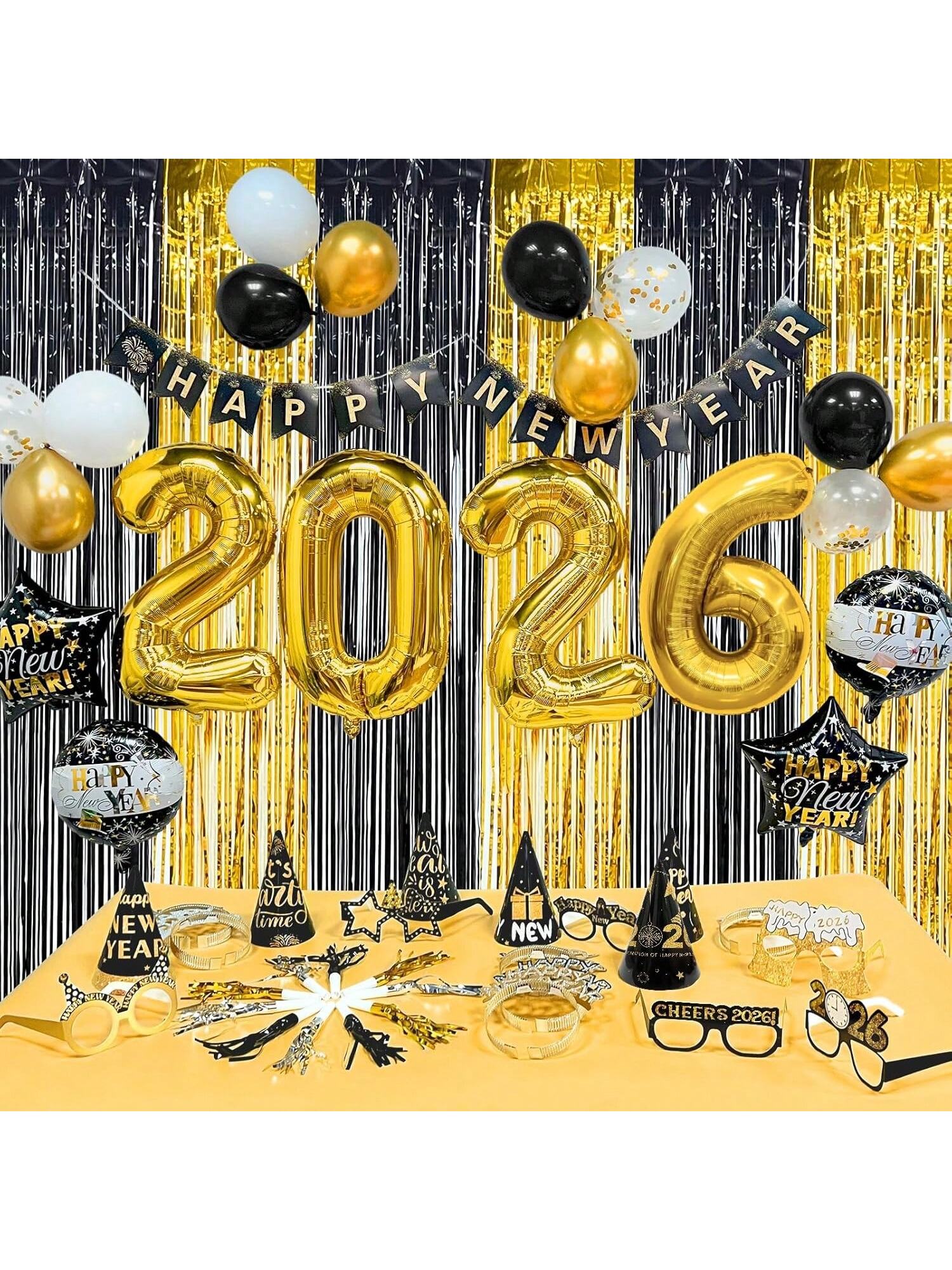 81-Piece New Year's Eve 2026 Party Kit For 12 Guests With Large Foil Balloons, Black-Gold Curtains, Banner, Hats, Headbands, Glasses, Noisemakers, And Favors-