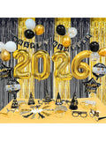81-Piece New Year's Eve 2026 Party Kit For 12 Guests With Large Foil Balloons, Black-Gold Curtains, Banner, Hats, Headbands, Glasses, Noisemakers, And Favors-