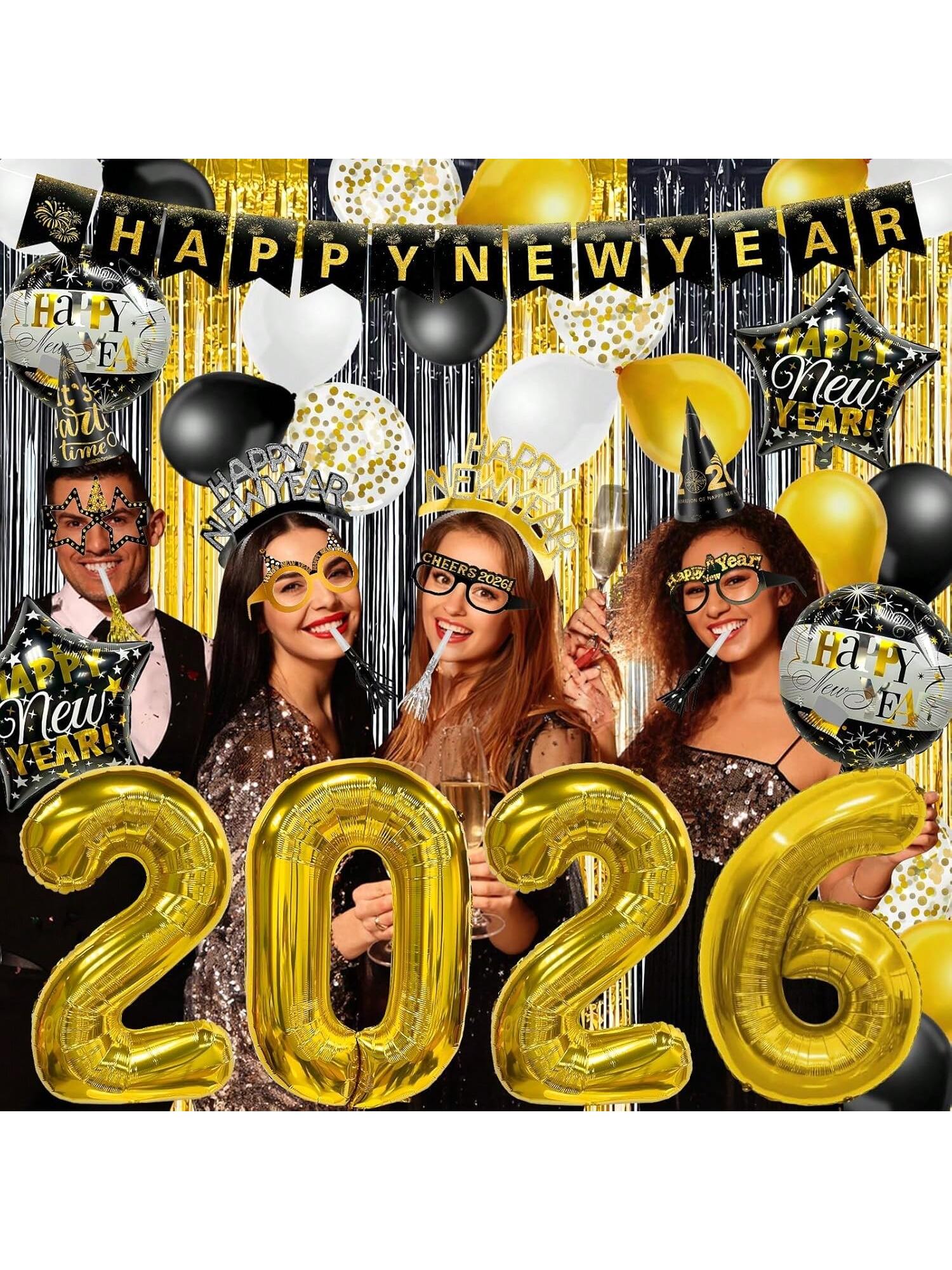 81-Piece New Year's Eve 2026 Party Kit For 12 Guests With Large Foil Balloons, Black-Gold Curtains, Banner, Hats, Headbands, Glasses, Noisemakers, And Favors-