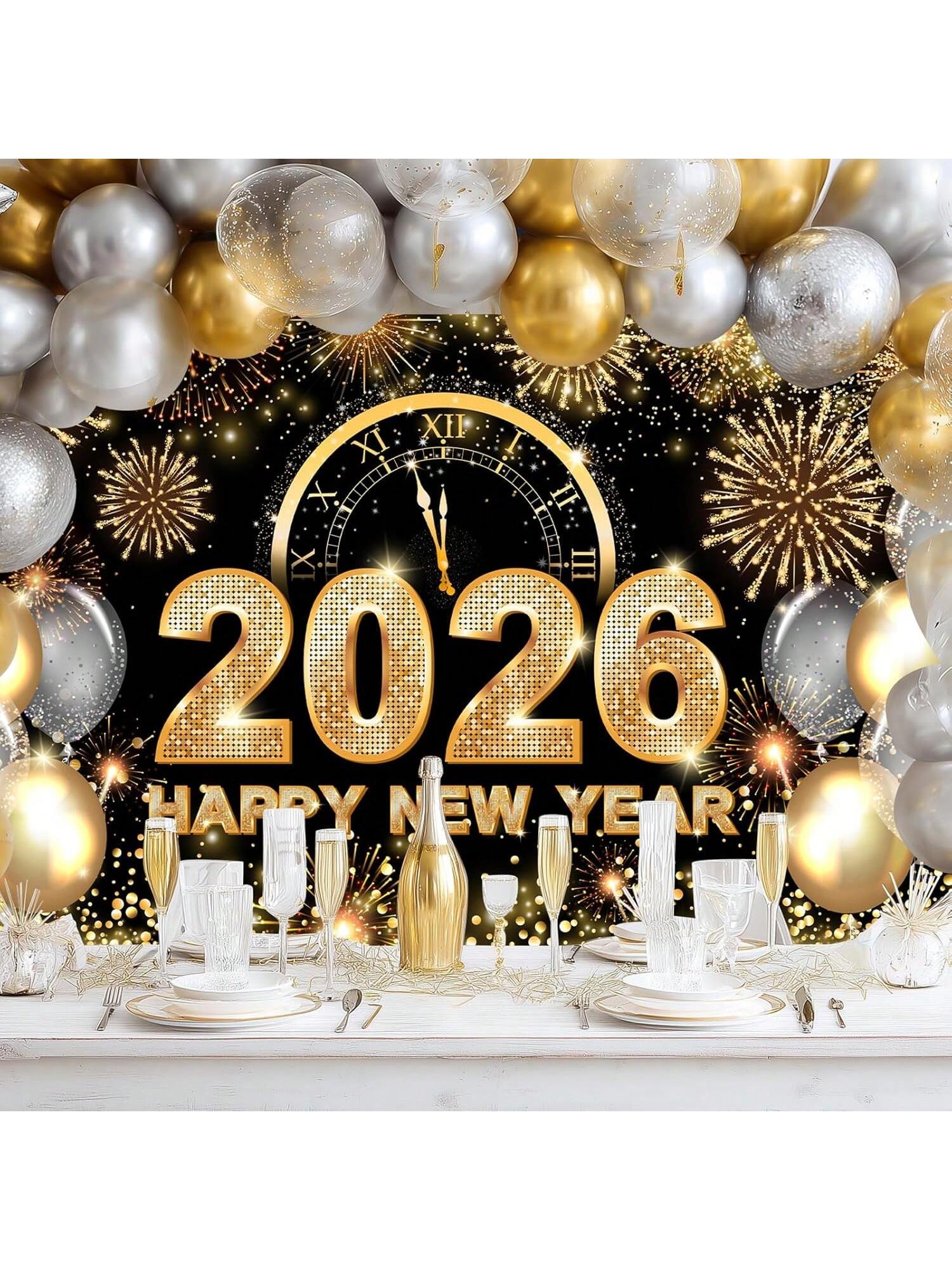 Black and Gold 2026 New Year Backdrop with Balloons and Glitter 70x43 Inch