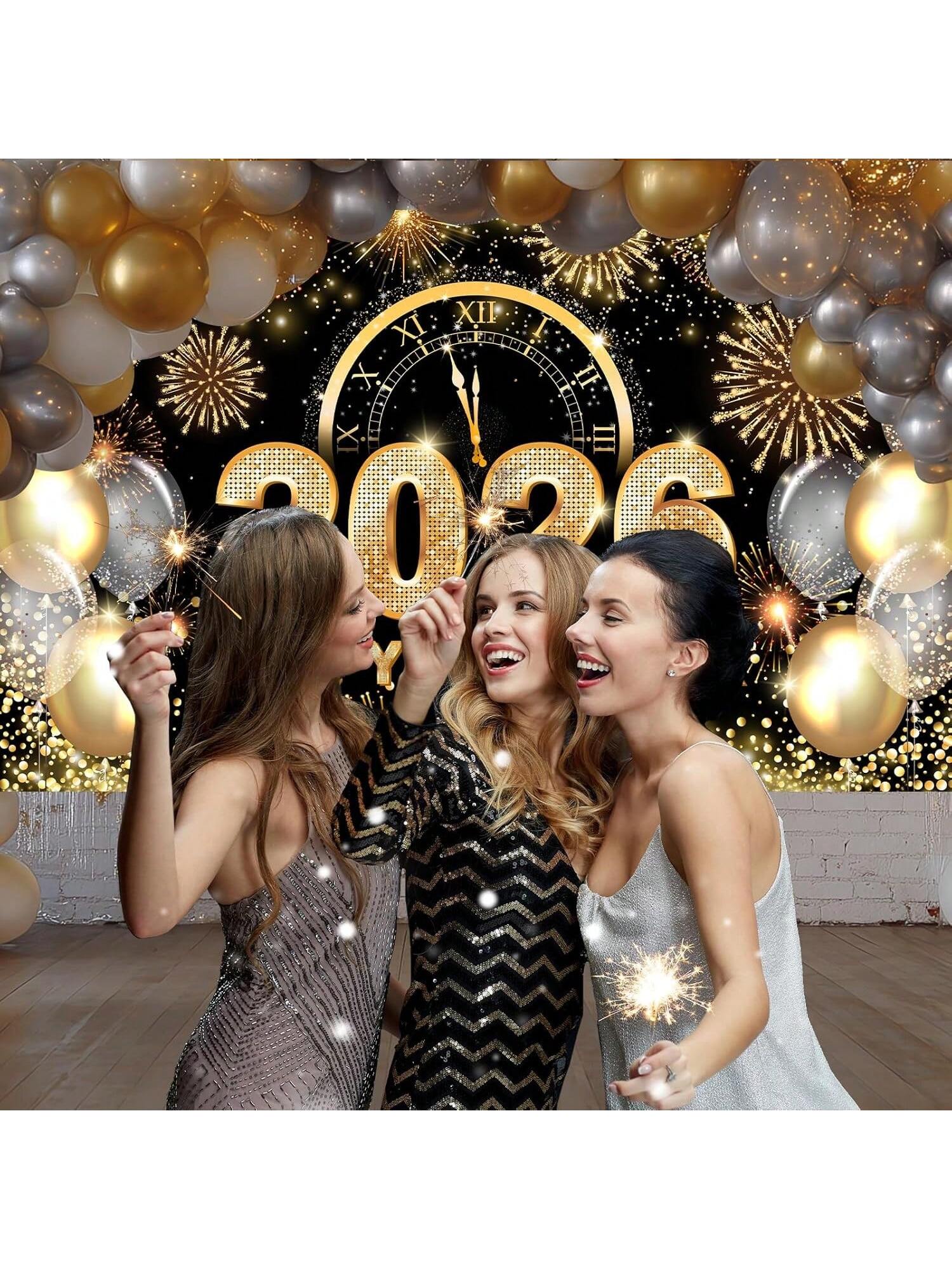 Black and Gold 2026 New Year Backdrop with Balloons and Glitter 70x43 Inch