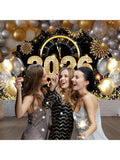 Black and Gold 2026 New Year Backdrop with Balloons and Glitter 70x43 Inch