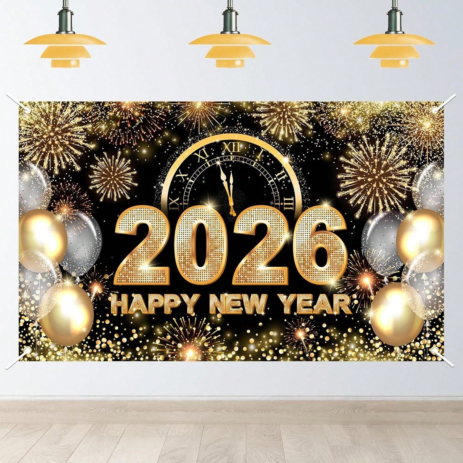 Black and Gold 2026 New Year Backdrop with Balloons and Glitter 70x43 Inch
