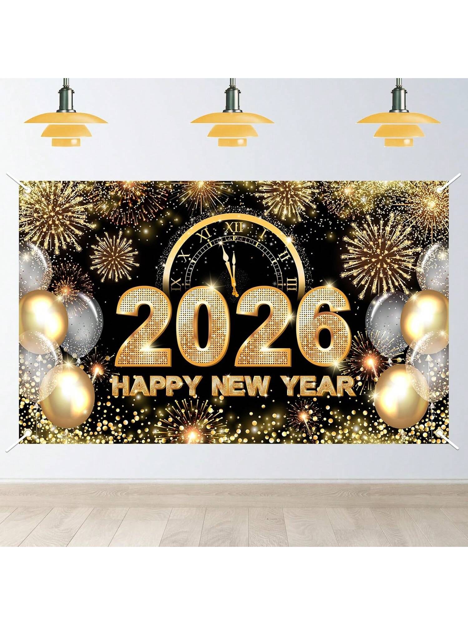 Black and Gold 2026 New Year Backdrop with Balloons and Glitter 70x43 Inch
