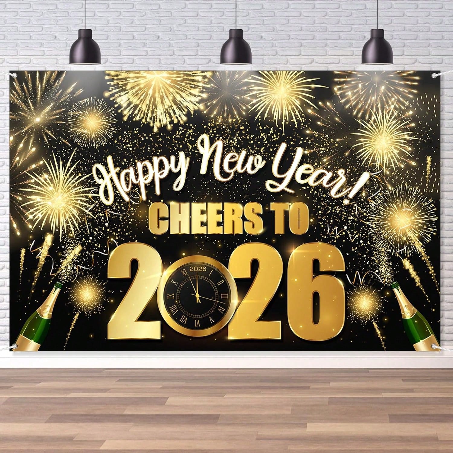 Black Gold 2026 New Year Backdrop Hello 2026 Design for Party Decorations