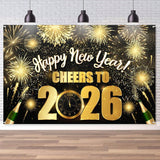 Black Gold 2026 New Year Backdrop Hello 2026 Design for Party Decorations