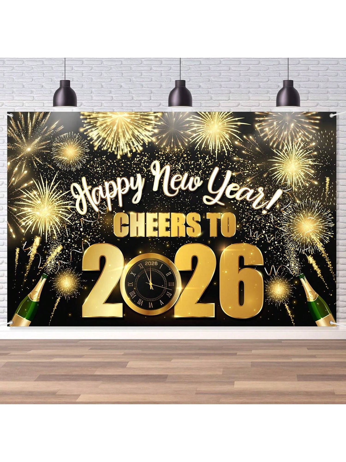 Black Gold 2026 New Year Backdrop Hello 2026 Design for Party Decorations
