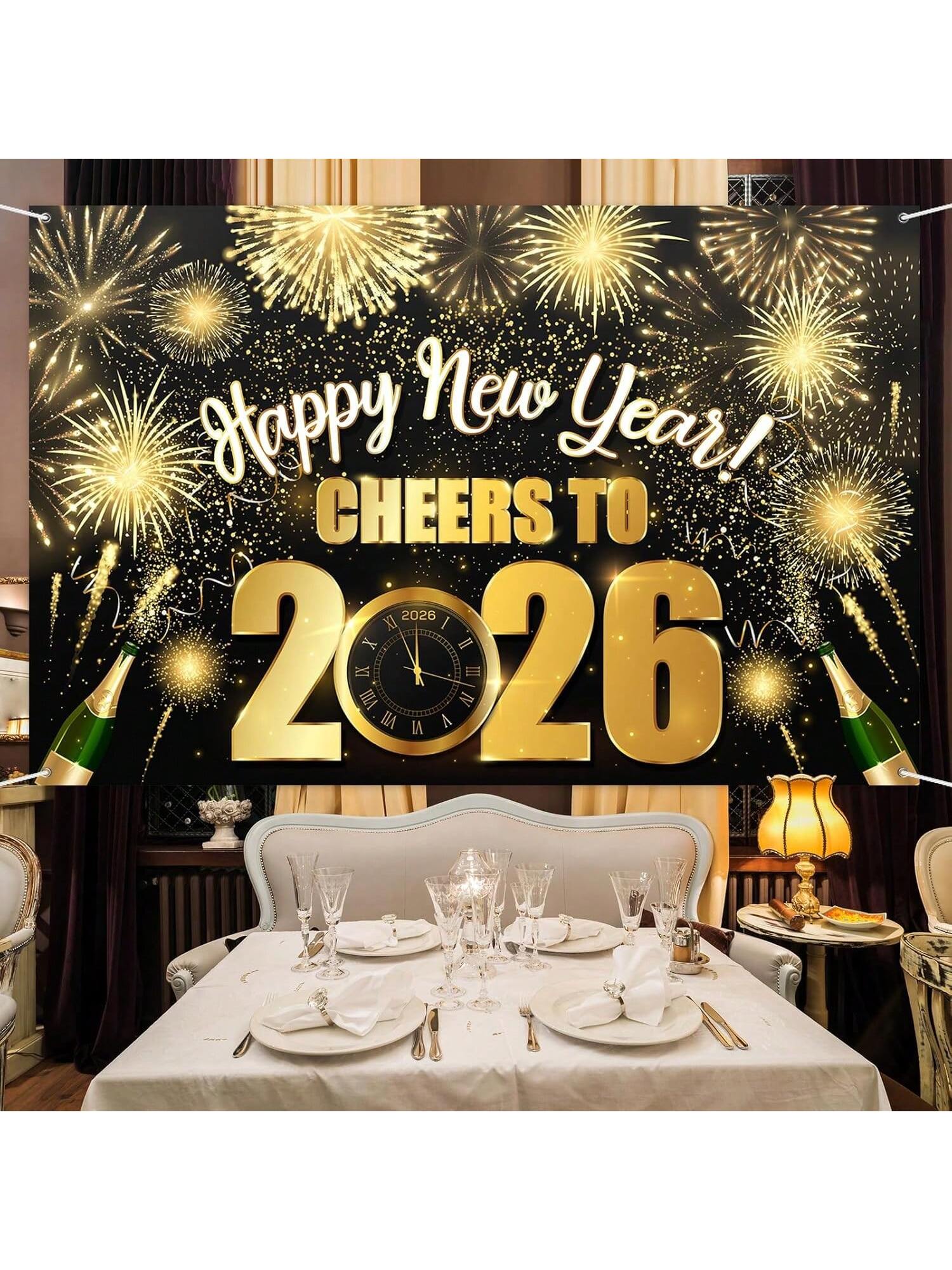 Black Gold 2026 New Year Backdrop Hello 2026 Design for Party Decorations