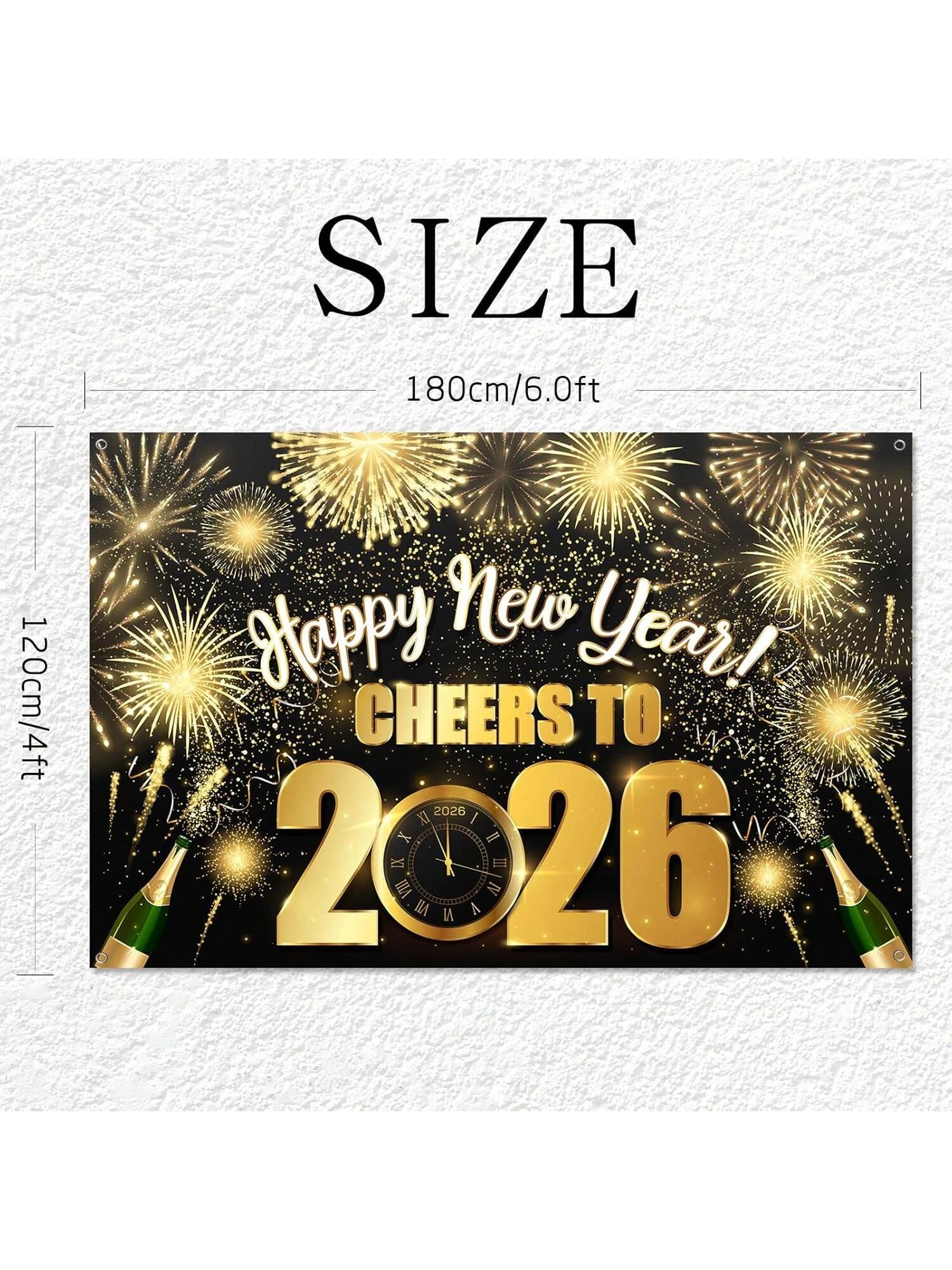 Black Gold 2026 New Year Backdrop Hello 2026 Design for Party Decorations