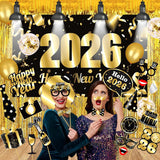 40-Piece 2026 New Year's Eve Décor Set With Black And Gold Backdrop, Balloons, Photo Booth Props And Foil Hanging Curtains For Festive Party Celebrations -