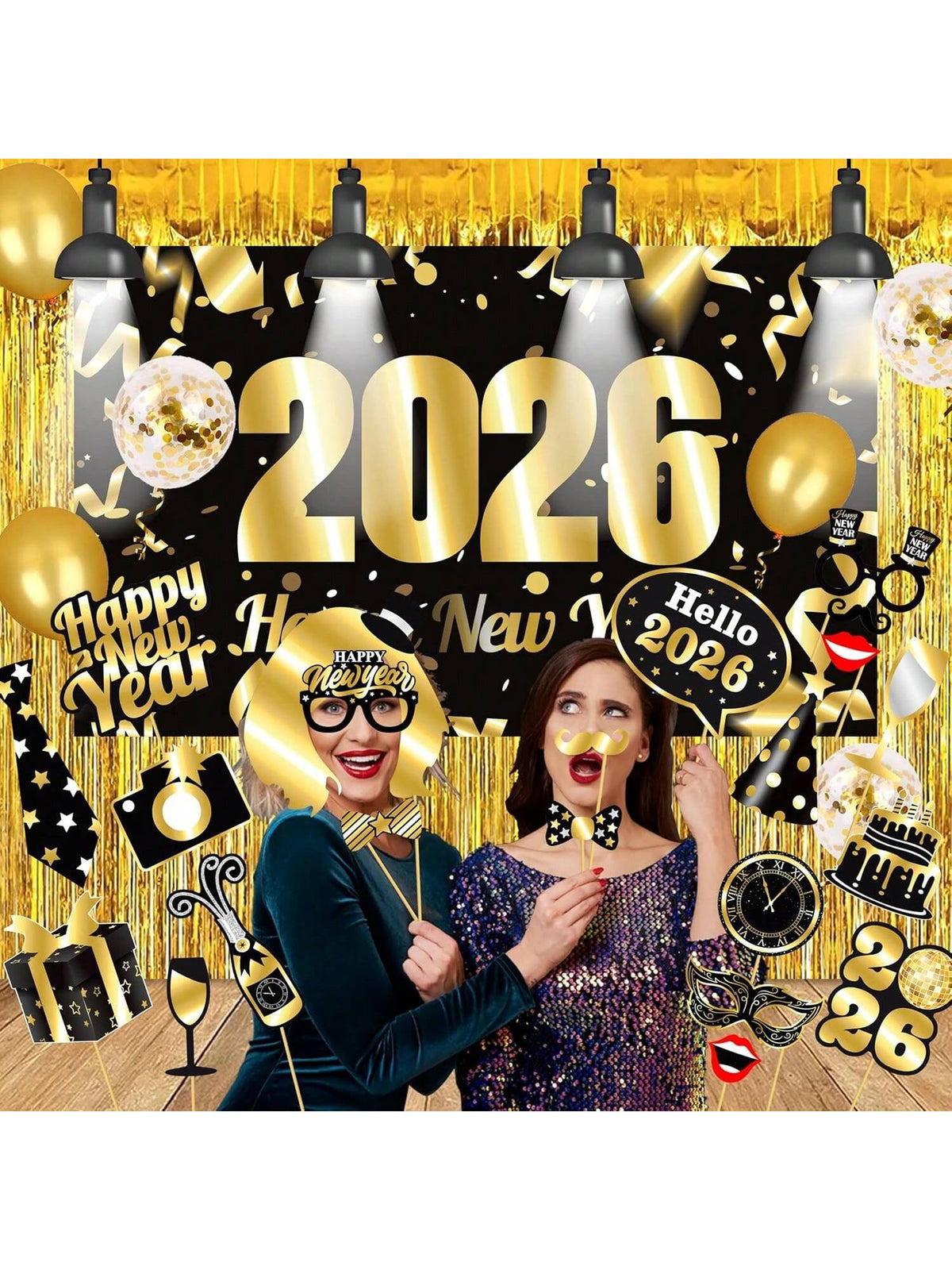 40-Piece 2026 New Year's Eve Décor Set With Black And Gold Backdrop, Balloons, Photo Booth Props And Foil Hanging Curtains For Festive Party Celebrations -