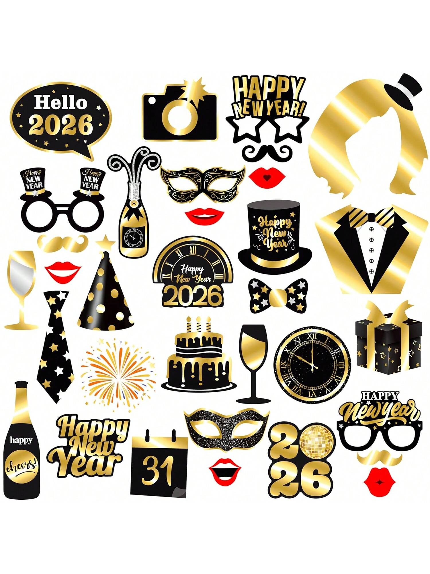 40-Piece 2026 New Year's Eve Décor Set With Black And Gold Backdrop, Balloons, Photo Booth Props And Foil Hanging Curtains For Festive Party Celebrations -