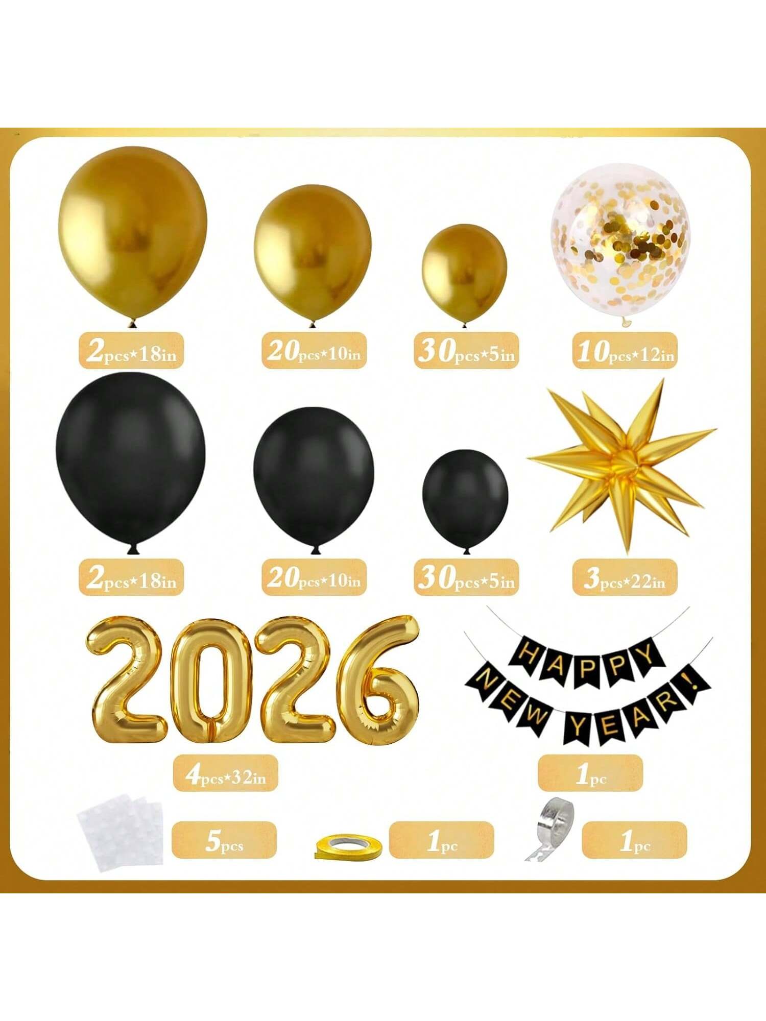 140-Piece 2026 New Year Decorations Balloon Arch With Black And Gold Balloons And A Happy New Year Banner, Perfect For New Year's Eve Celebrations -