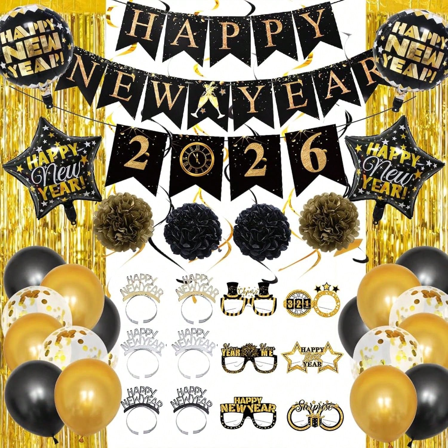 2026 New Year Decorations Black and Gold Banner Balloons and Backdrop